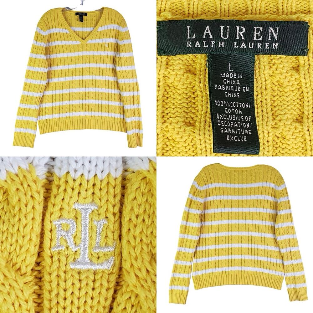 Polo by Ralph Lauren Yellow & White Striped V-Neck Cable Knit Sweater